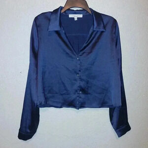 Sweet Rain Crop Button Down Navy Blue Blouse Bling Buttons. Holiday Christmas